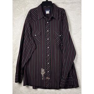 Vintage Wrangler Western Shirt Men Black And Red Striped Pearl Snap Made in USA